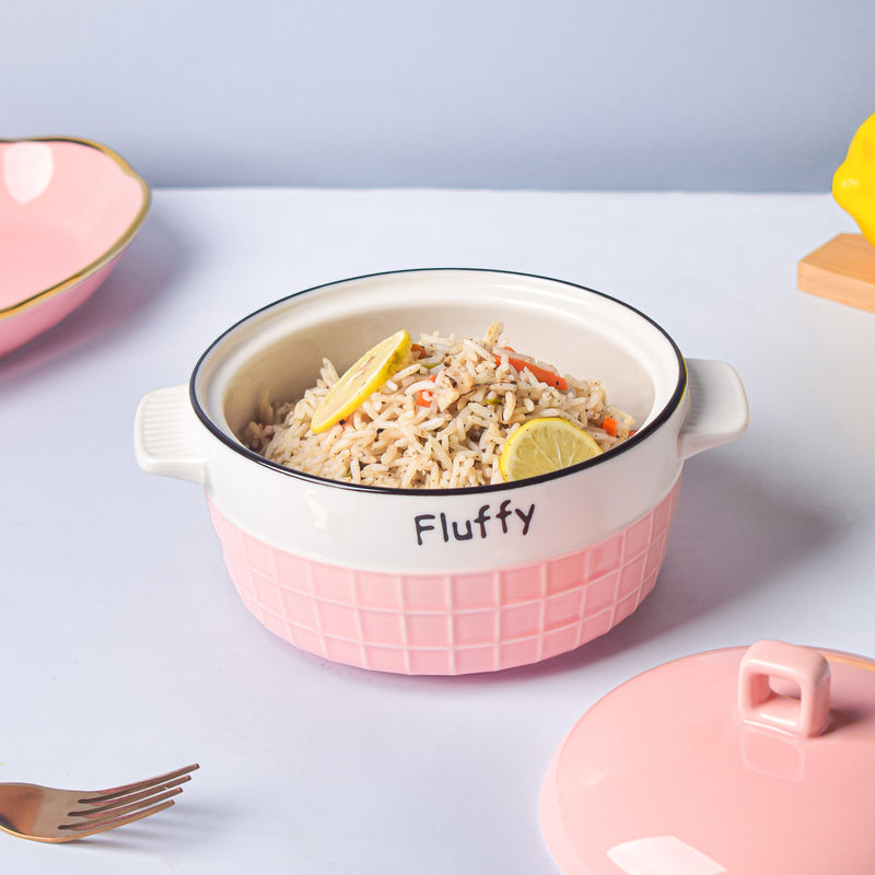 Think Pink Textured Casserole - Serving bowl with lid, ceramic bowls with lids, noodle bowl, curry bowl, oven bowl, soup bowl with handle | Bowls for dining table & home decor