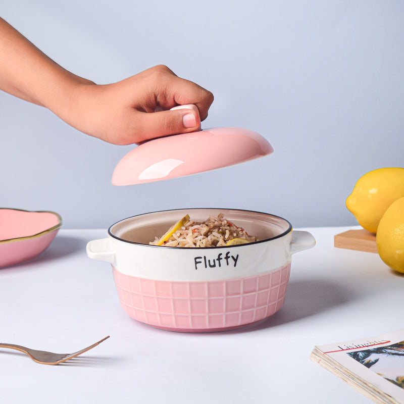 Think Pink Textured Casserole - Serving bowl with lid, ceramic bowls with lids, noodle bowl, curry bowl, oven bowl, soup bowl with handle | Bowls for dining table & home decor