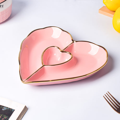 Think Pink Heart Sectioned Bowl - Serving plate, snack plate, momo plate, plate with compartment | Plates for dining table & home decor