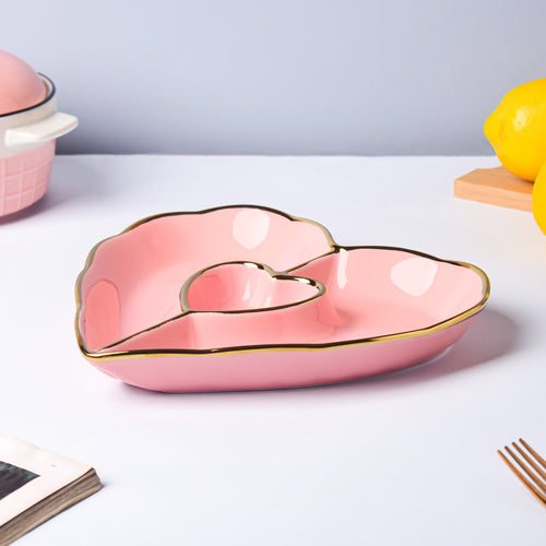 Think Pink Heart Sectioned Bowl - Serving plate, snack plate, momo plate, plate with compartment | Plates for dining table & home decor
