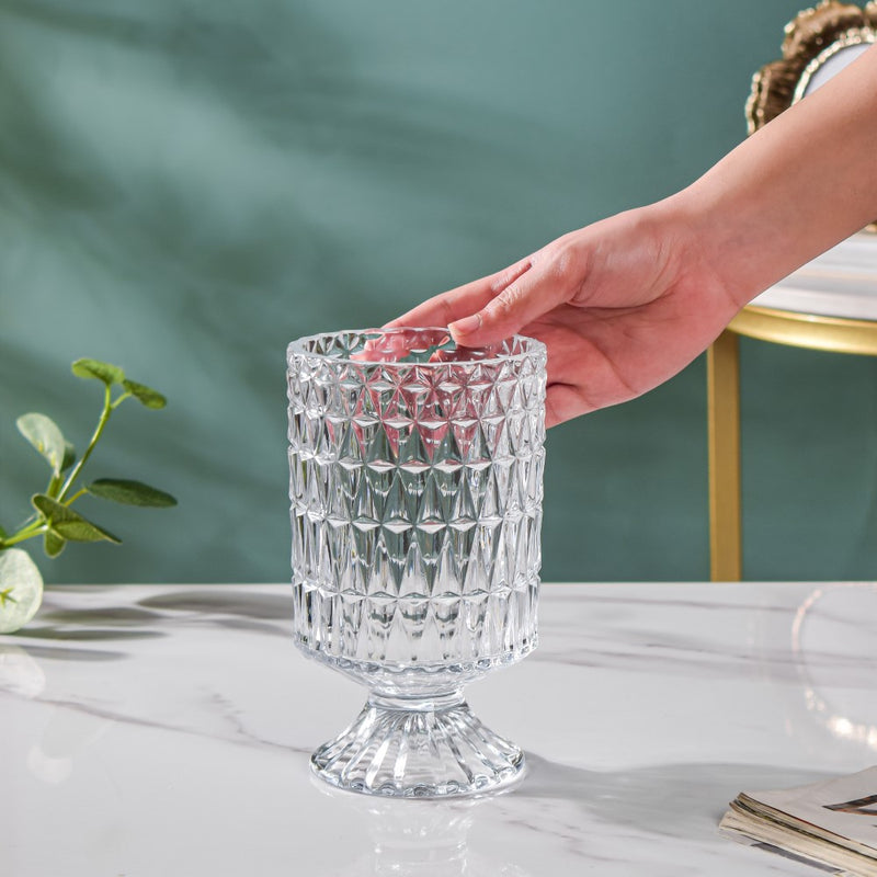 Diamond Glass Pedestal Vase 7 Inch
