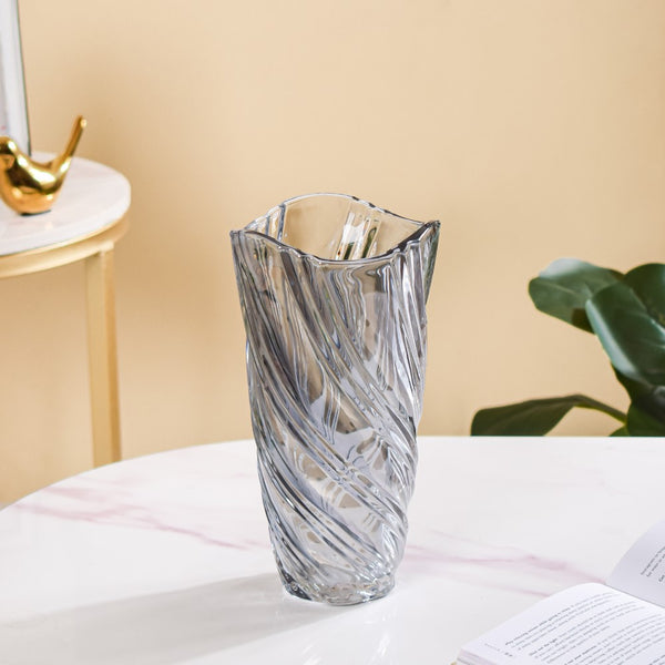 Spiral Glass Flower Vase Grey Small 9 Inch