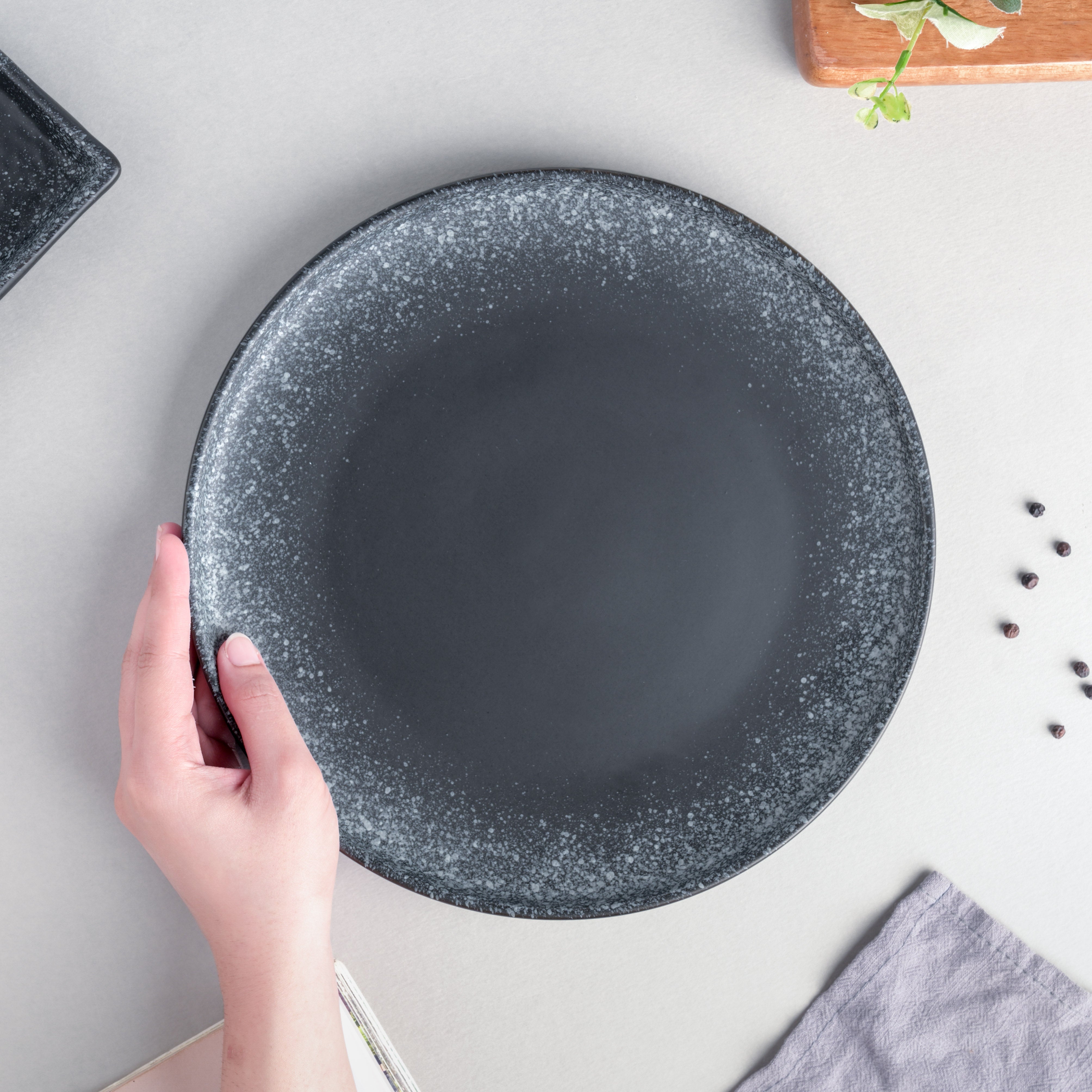 Galaxy Stone Pottery Dinner Plate Black White 10 Inch