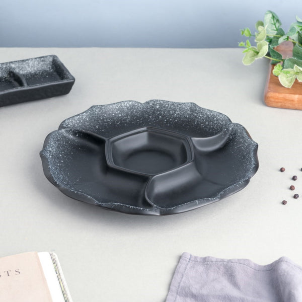 Galaxy Stone Pottery Section Party Platter Matte Black - Serving plate, snack plate, momo plate, plate with compartment | Plates for dining table & home decor