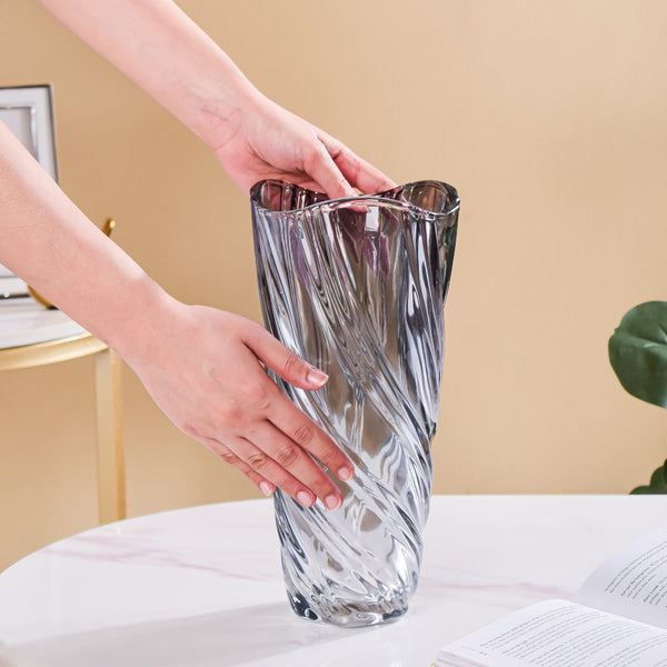 Spiral Winds Glass Flower Vase Grey Large 11 Inch