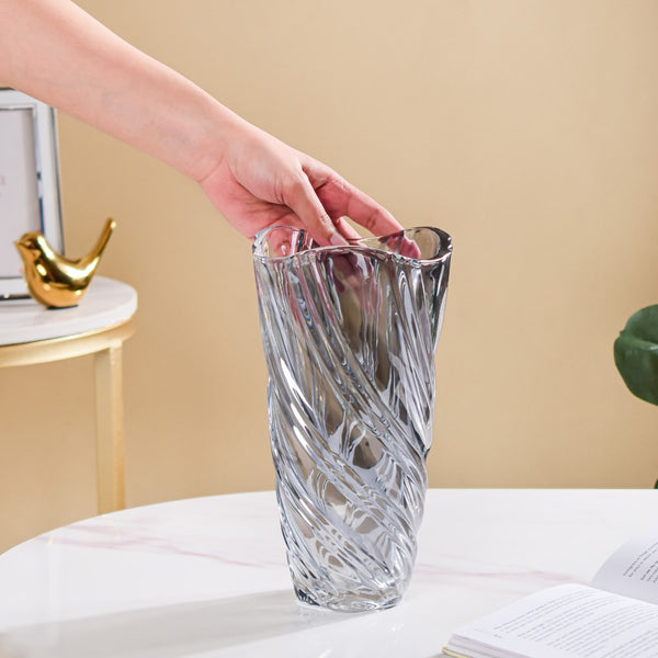 Spiral Glass Flower Vase Grey Small 9 Inch