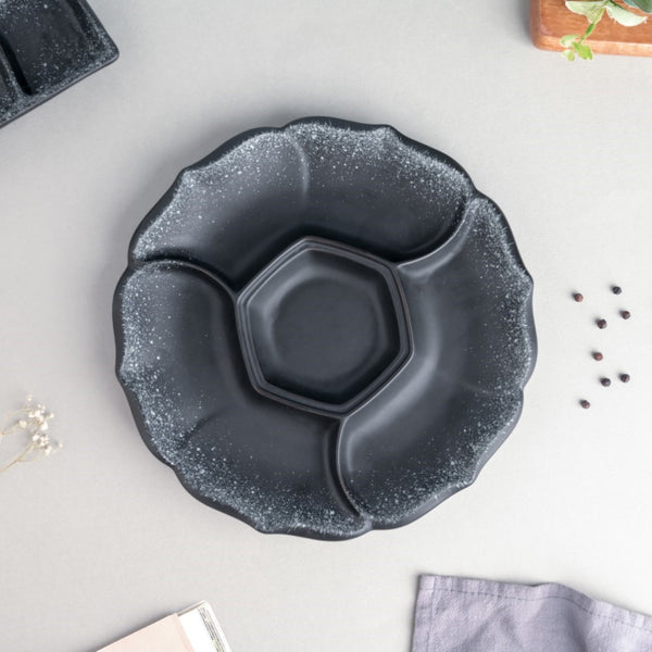 Galaxy Stone Pottery Section Party Platter Matte Black - Serving plate, snack plate, momo plate, plate with compartment | Plates for dining table & home decor