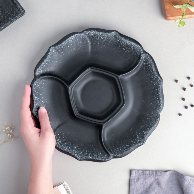 Galaxy Stone Pottery Section Party Platter Matte Black - Serving plate, snack plate, momo plate, plate with compartment | Plates for dining table & home decor