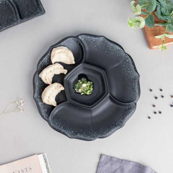Galaxy Stone Pottery Section Party Platter Matte Black - Serving plate, snack plate, momo plate, plate with compartment | Plates for dining table & home decor