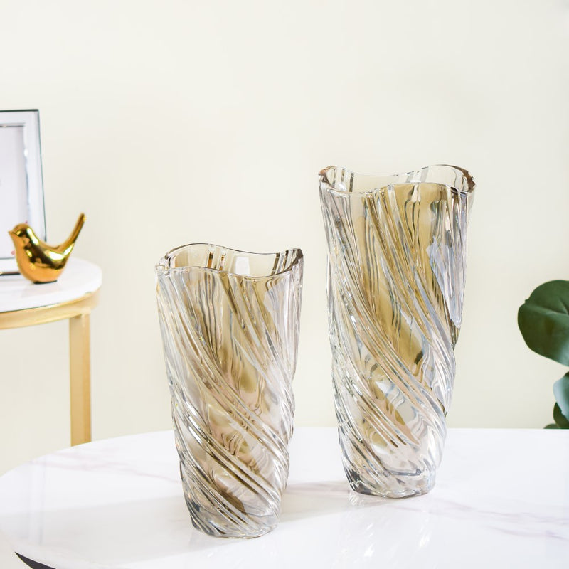 Spiral Glass Flower Vase Amber Small 9 Inch