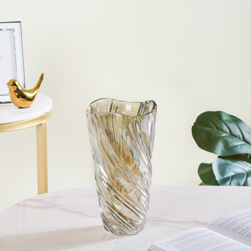 Spiral Glass Flower Vase Amber Small 9 Inch