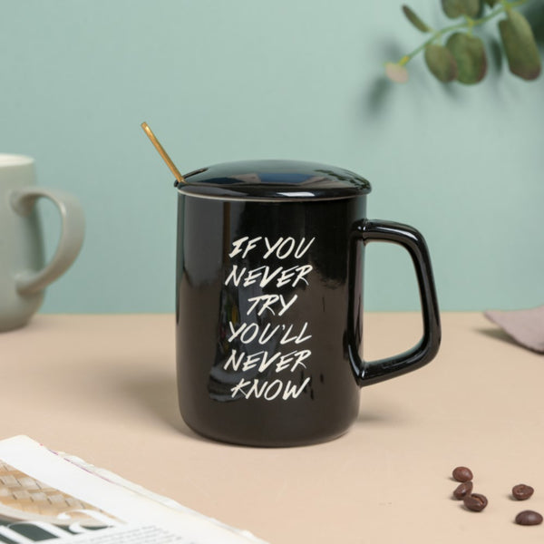Fix You Black Cup With Lid And Spoon 300 ml- Mug for coffee, tea mug, cappuccino mug | Cups and Mugs for Coffee Table & Home Decor