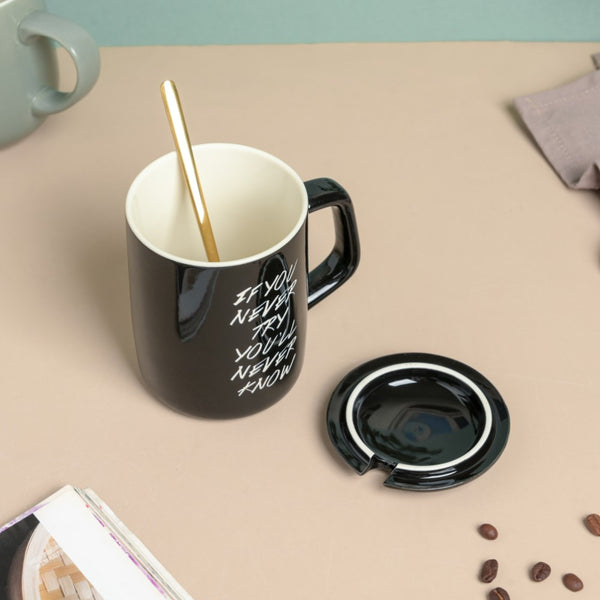 Fix You Black Cup With Lid And Spoon 300 ml- Mug for coffee, tea mug, cappuccino mug | Cups and Mugs for Coffee Table & Home Decor
