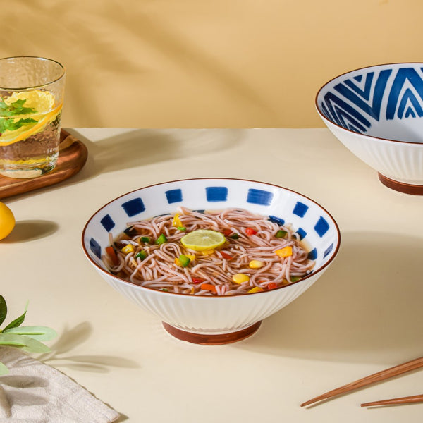 Umai Patterned Ceramic Ramen Bowl Blue And White 900 ml