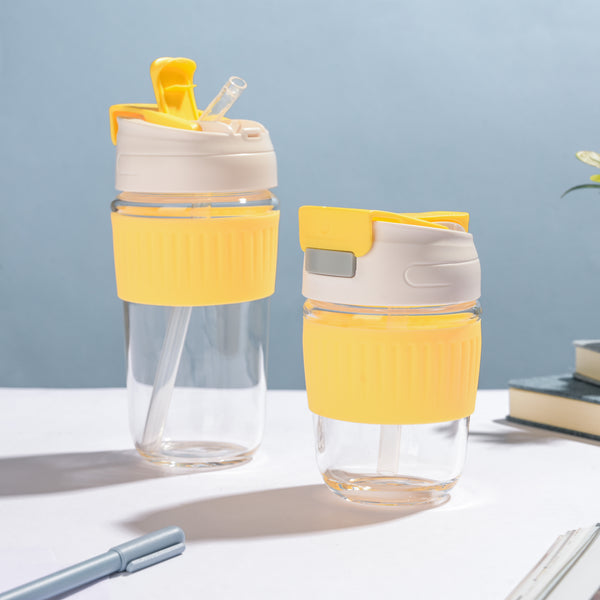 Glass Tumbler With Dual Flip Lid Yellow 350ml- Sippers, sipping cup, travel mug | Sippers for Travelling & Home decor
