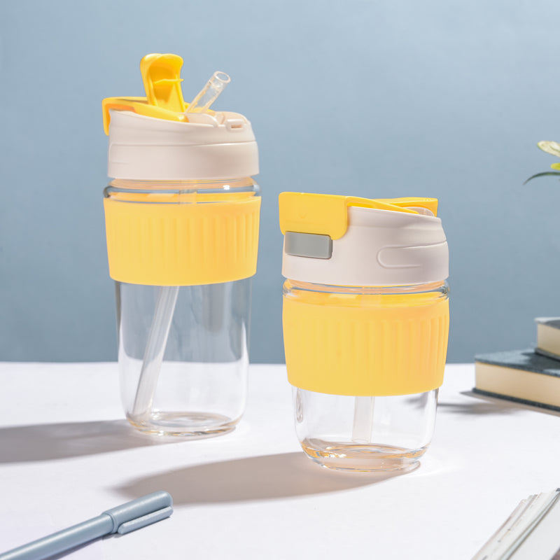 Glass Tumbler With Dual Flip Lid Yellow 450ml- Sippers, sipping cup, travel mug | Sippers for Travelling & Home decor