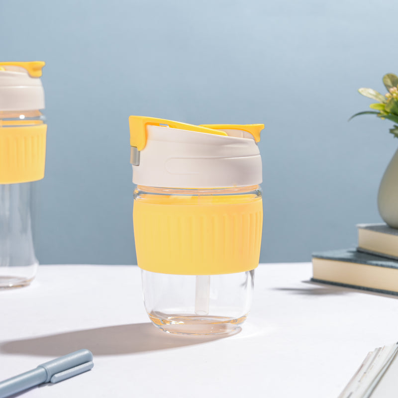 Glass Tumbler With Dual Flip Lid Yellow 350ml- Sippers, sipping cup, travel mug | Sippers for Travelling & Home decor