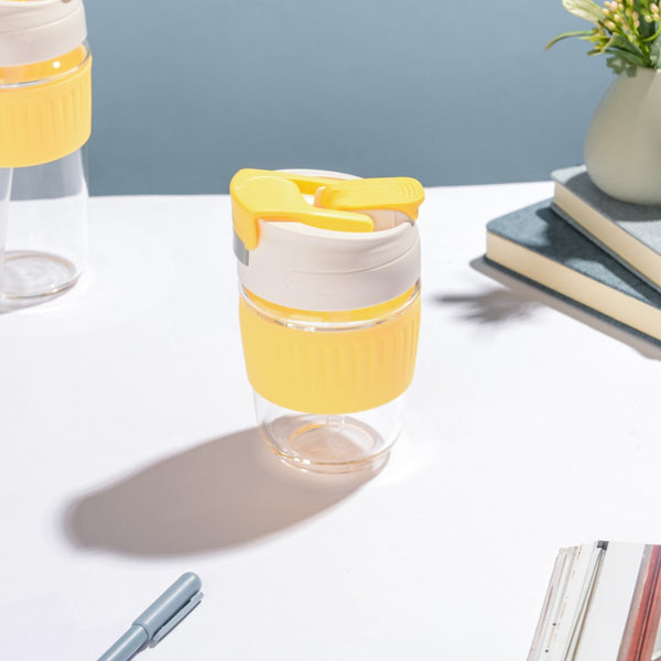Glass Tumbler With Dual Flip Lid Yellow 350ml- Sippers, sipping cup, travel mug | Sippers for Travelling & Home decor