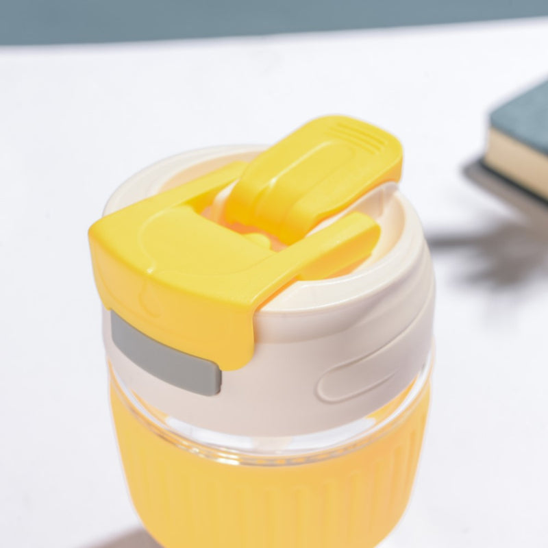Glass Tumbler With Dual Flip Lid Yellow 450ml- Sippers, sipping cup, travel mug | Sippers for Travelling & Home decor