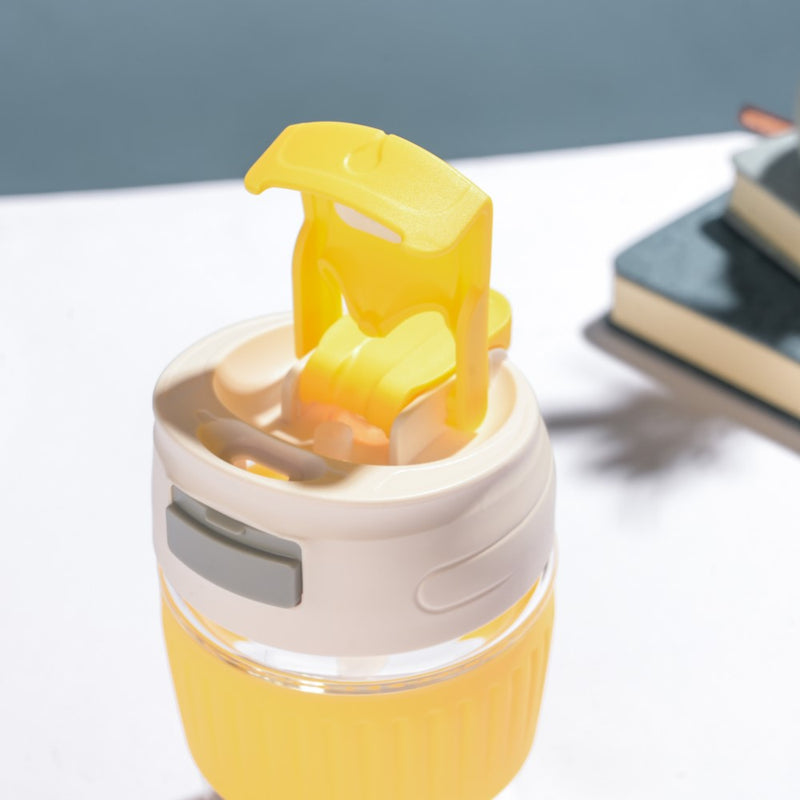 Glass Tumbler With Dual Flip Lid Yellow 350ml- Sippers, sipping cup, travel mug | Sippers for Travelling & Home decor