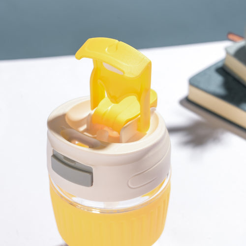Glass Tumbler With Dual Flip Lid Yellow 350ml- Sippers, sipping cup, travel mug | Sippers for Travelling & Home decor