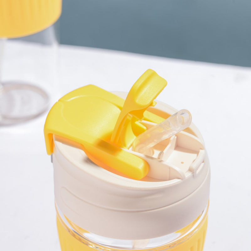 Glass Tumbler With Dual Flip Lid Yellow 350ml- Sippers, sipping cup, travel mug | Sippers for Travelling & Home decor