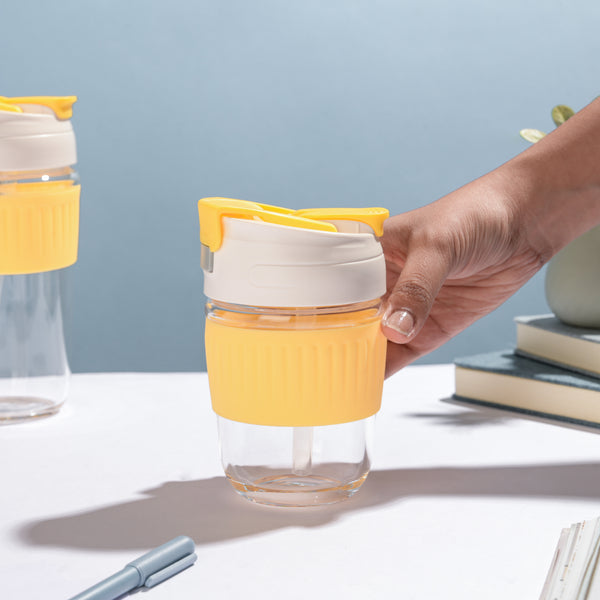 Glass Tumbler With Dual Flip Lid Yellow 350ml- Sippers, sipping cup, travel mug | Sippers for Travelling & Home decor