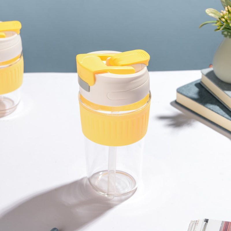 Glass Tumbler With Dual Flip Lid Yellow 450ml- Sippers, sipping cup, travel mug | Sippers for Travelling & Home decor