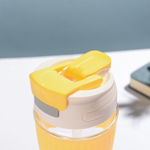 Glass Tumbler With Dual Flip Lid Yellow 350ml- Sippers, sipping cup, travel mug | Sippers for Travelling & Home decor
