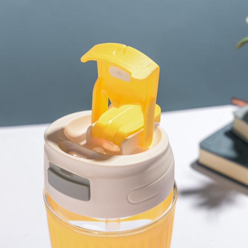 Glass Tumbler With Dual Flip Lid Yellow 450ml- Sippers, sipping cup, travel mug | Sippers for Travelling & Home decor