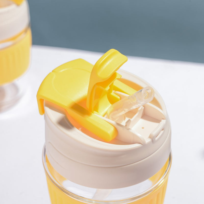 Glass Tumbler With Dual Flip Lid Yellow 450ml- Sippers, sipping cup, travel mug | Sippers for Travelling & Home decor