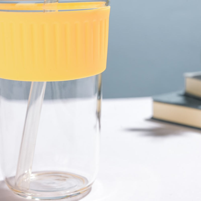 Glass Tumbler With Dual Flip Lid Yellow 450ml- Sippers, sipping cup, travel mug | Sippers for Travelling & Home decor