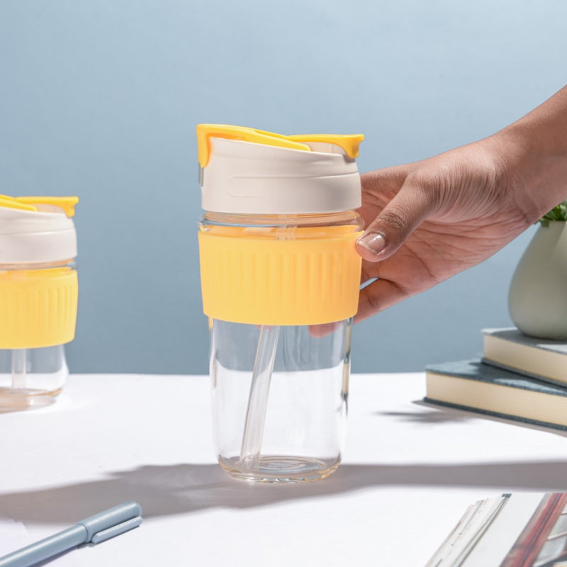 Glass Tumbler With Dual Flip Lid Yellow 450ml- Sippers, sipping cup, travel mug | Sippers for Travelling & Home decor