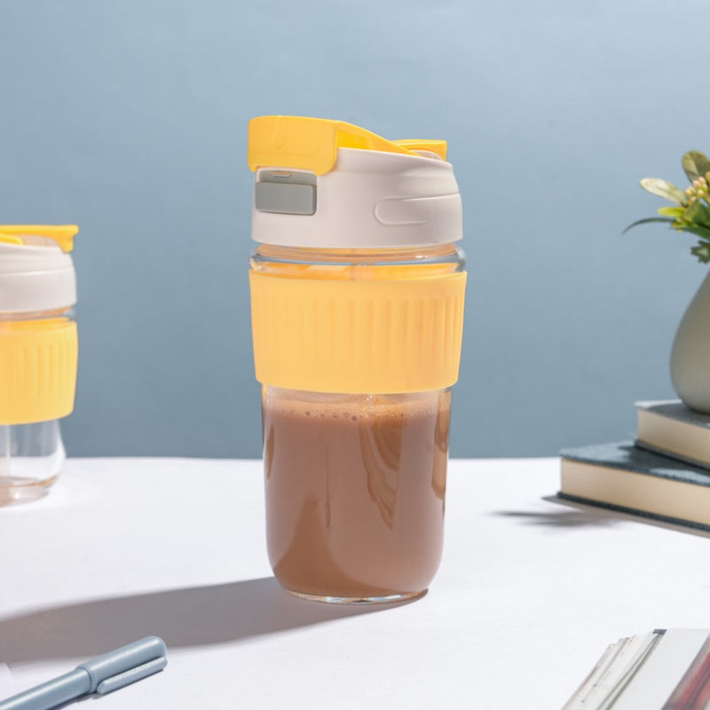 Glass Tumbler With Dual Flip Lid Yellow 450ml- Sippers, sipping cup, travel mug | Sippers for Travelling & Home decor