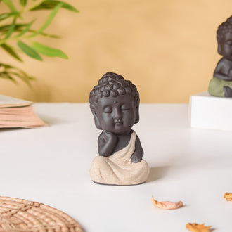 Thinking Monk Clay Showpiece Small Off White - Showpiece | Home decor item | Room decoration item