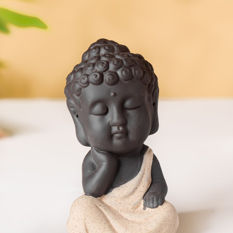 Thinking Monk Clay Showpiece Small Off White - Showpiece | Home decor item | Room decoration item