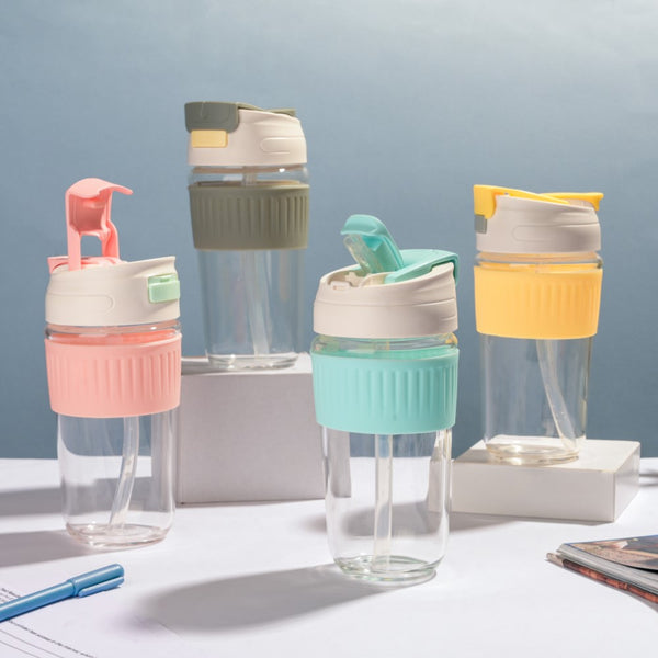 Glass Tumbler With Dual Flip Lid Grey 450ml