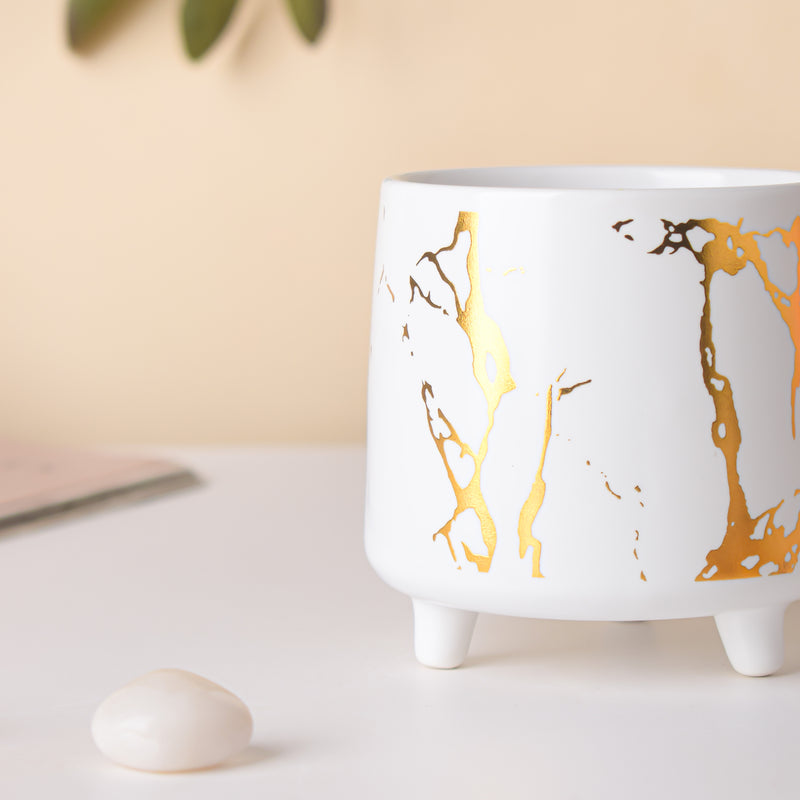 Halcyon Gold White Marble Ceramic Planter With Legs Small - Indoor planters and flower pots | Home decor items