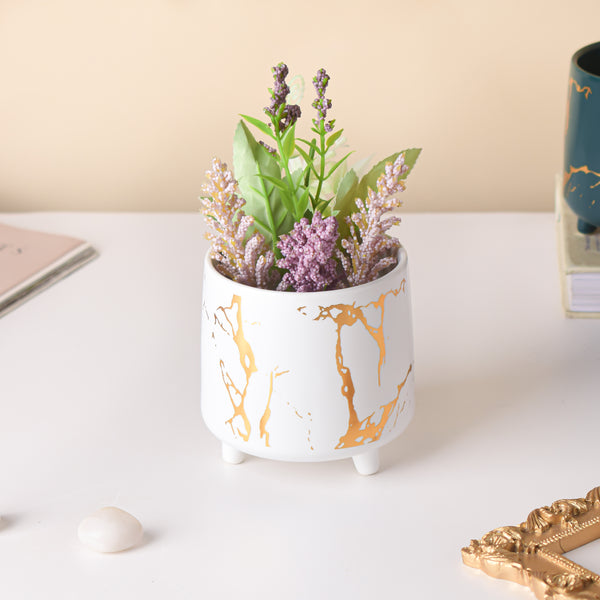 Halcyon Gold White Marble Ceramic Planter With Legs Small - Indoor planters and flower pots | Home decor items