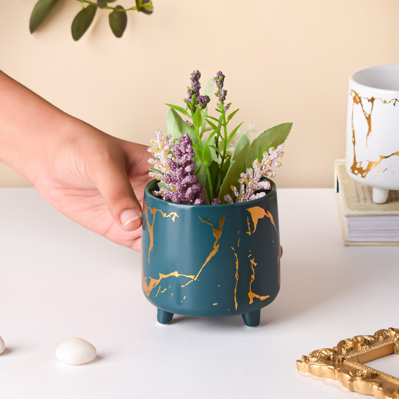 Halcyon Gold Green Marble Ceramic Planter With Legs Small - Indoor planters and flower pots | Home decor items
