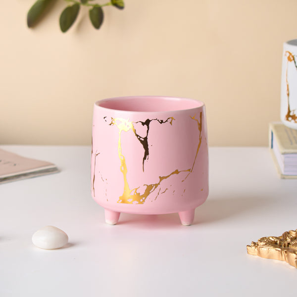 Halcyon Gold Pink Marble Ceramic Planter With Legs Small - Indoor planters and flower pots | Home decor items