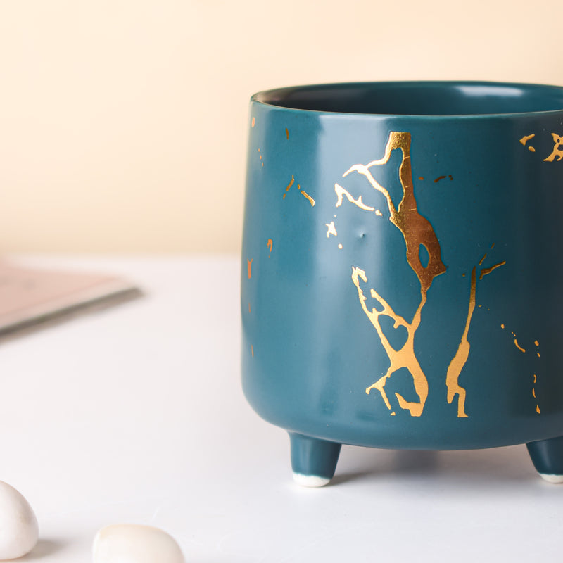 Halcyon Gold Green Marble Ceramic Planter With Legs Small - Indoor planters and flower pots | Home decor items