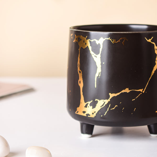 Halcyon Gold Black Marble Ceramic Planter With Legs Small