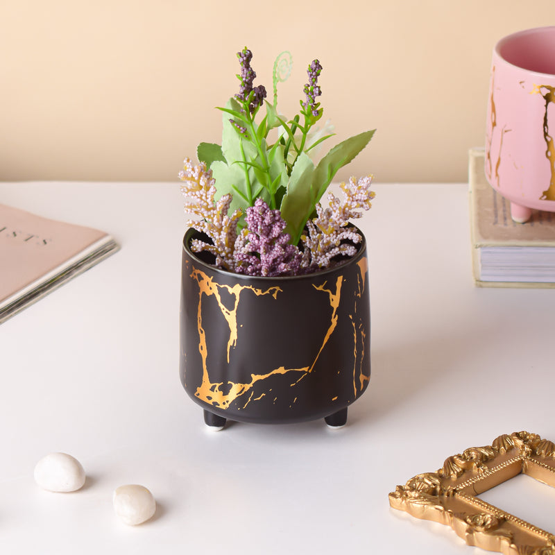 Halcyon Gold Black Marble Ceramic Planter With Legs Small - Indoor planters and flower pots | Home decor items