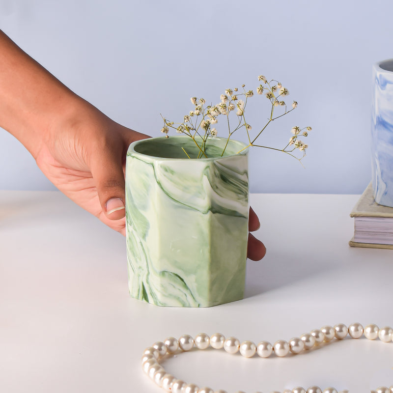 Hexad Marble Green Ceramic Planter