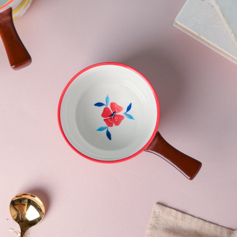 Bloom Red Ceramic Pot With Handle - Bowls for soup, noodle bowl, ceramic bowl, serving bowls | Bowls for dining table & home decor 
