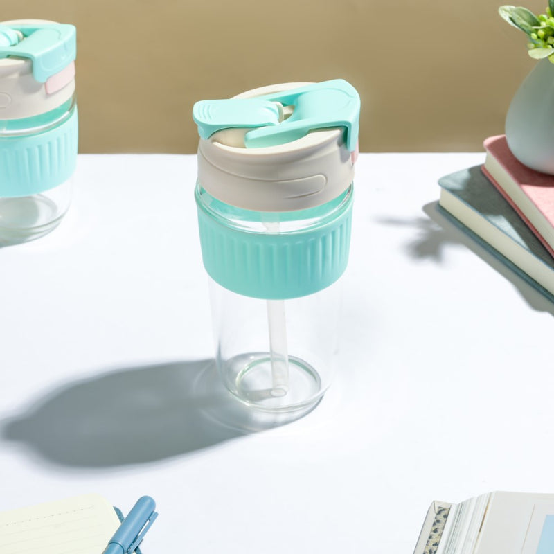 Glass Tumbler With Dual Flip Lid Blue 450ml- Sippers, sipping cup, travel mug | Sippers for Travelling & Home decor