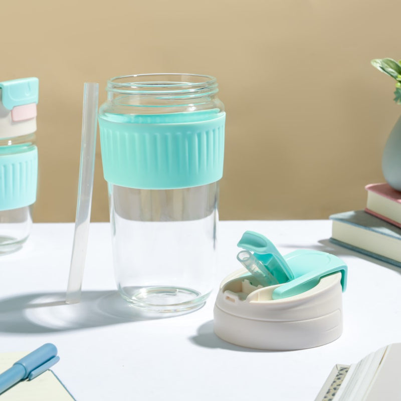 Glass Tumbler With Dual Flip Lid Blue 450ml- Sippers, sipping cup, travel mug | Sippers for Travelling & Home decor