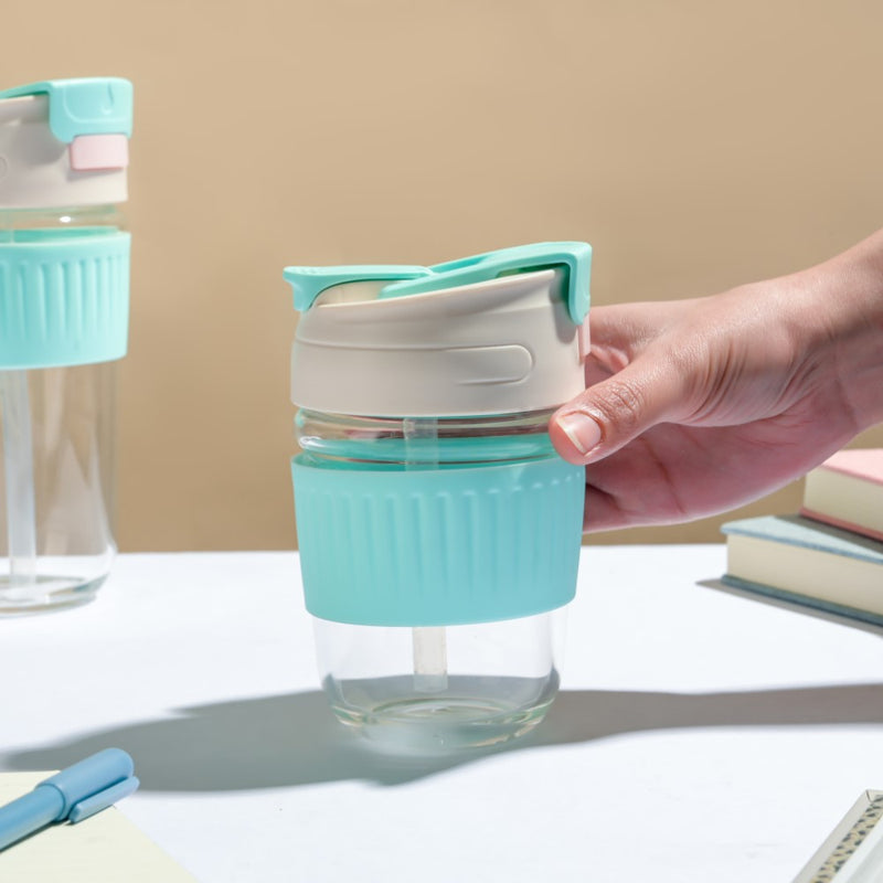 Glass Tumbler With Dual Flip Lid Blue 350ml- Sippers, sipping cup, travel mug | Sippers for Travelling & Home decor