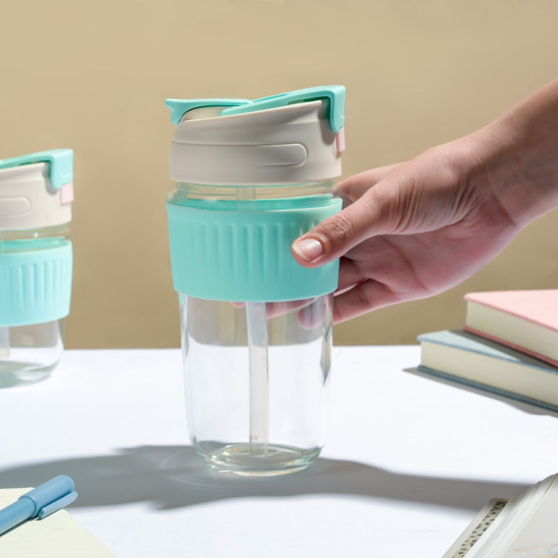 Glass Tumbler With Dual Flip Lid Blue 450ml- Sippers, sipping cup, travel mug | Sippers for Travelling & Home decor